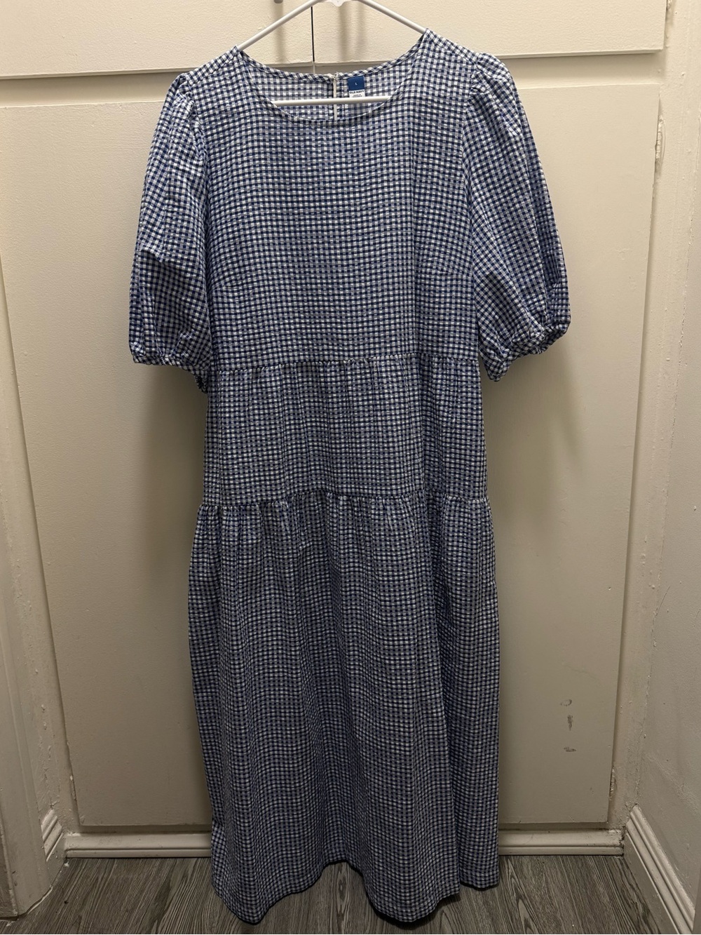 Old Navy Blue & White Gingham Tiered Midi Dress